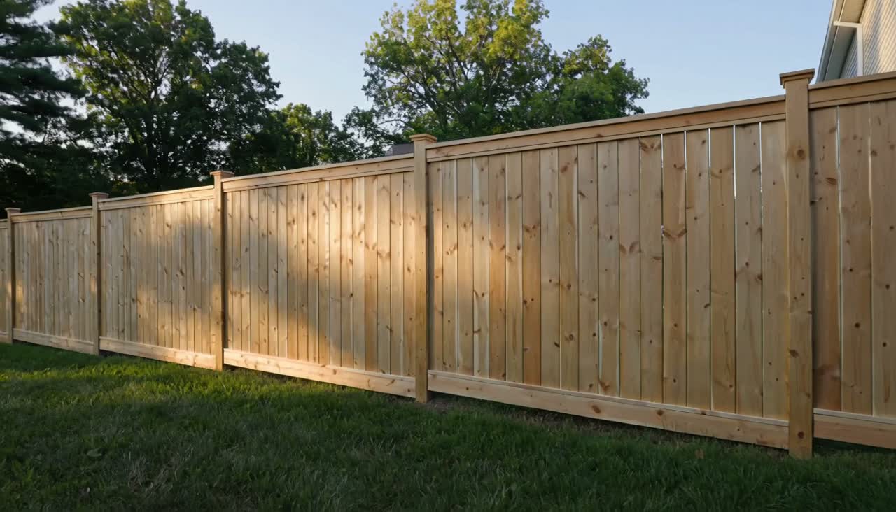 Golden-hour view along a new wood privacy fence line